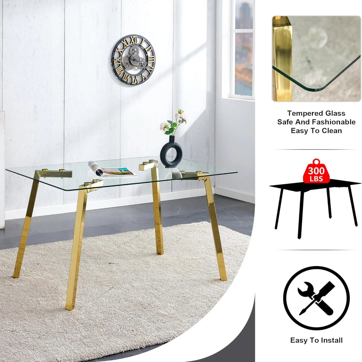 51" Glass Dining Table for 4, Sudica Clear Tempered Glass Modern Rectangular Kitchen Table with Metal Legs
