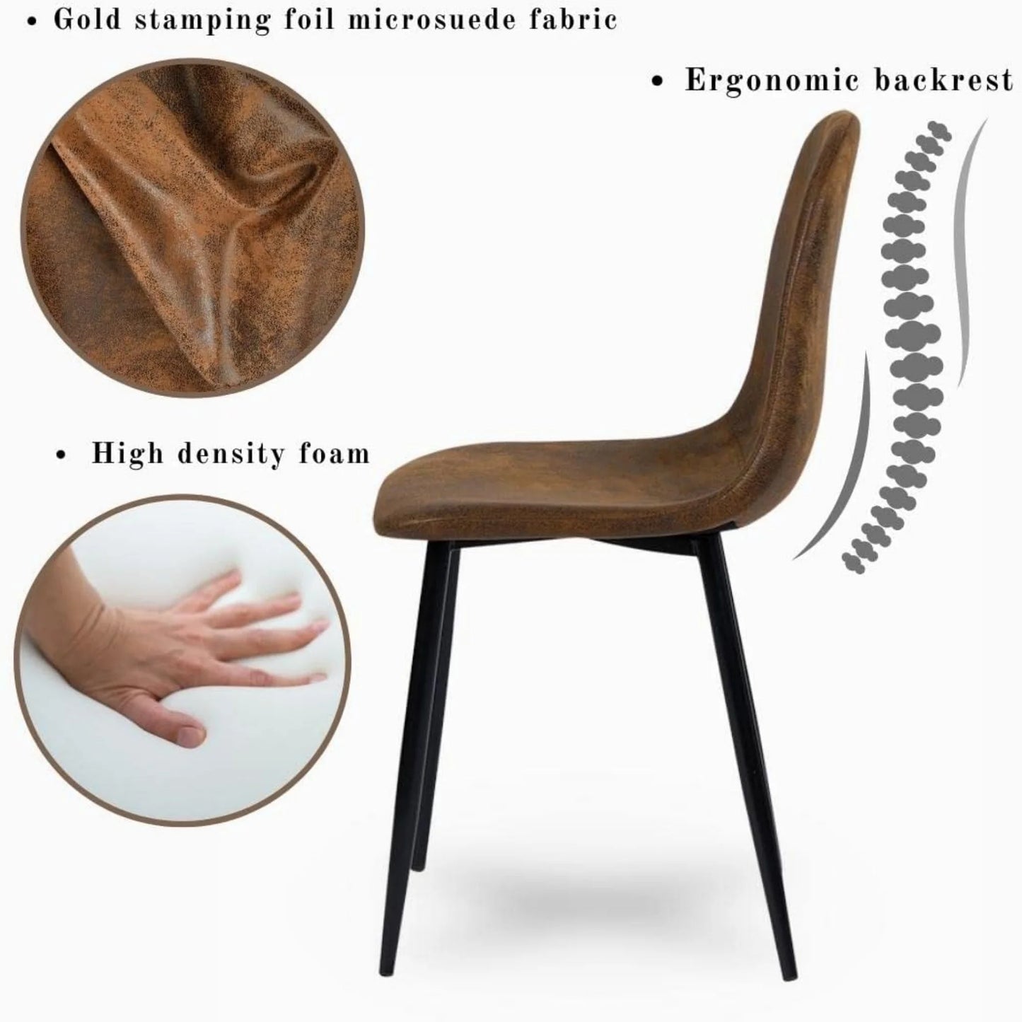SUDICA Dining Chairs Set of 6, Brown Faux Suede Seat, Metal Legs, for Kitchen or Dining Room