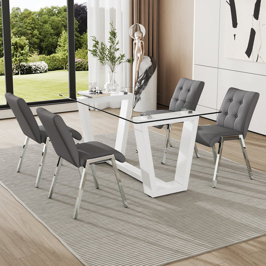 63" Glass Dining Table Set for 4, Sudica White Legs Kitchen Table Set with Upholstered Faux Leather Dining Room Chairs, Gray