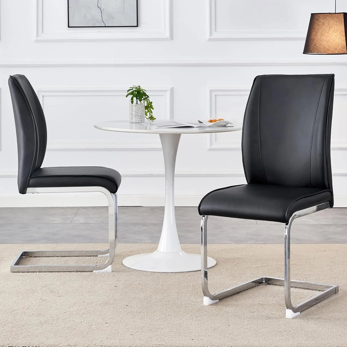 SUDICA Dining Room Chairs, Black Faux Leather High Back, Chrome Metal Legs, Set of 4