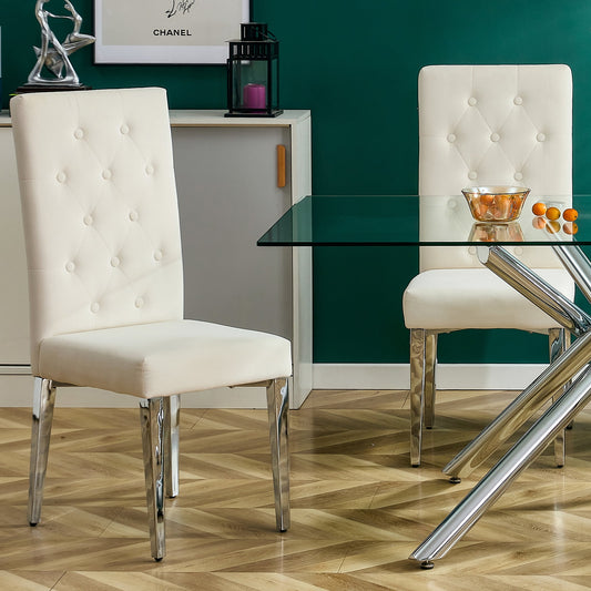 Upholstered Velvet Dining Chairs Set of 2 Tufted Mid-Century Modern Dinner Chairs with Chomon Legs for Kitchen, Beige