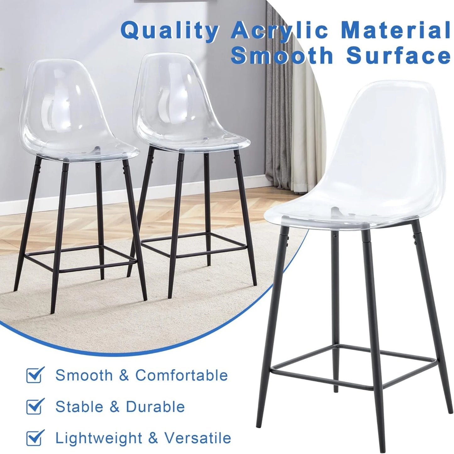 SUDICA Indoor Counter Height Bar Stool Set of 4, Transparent Plastic Seats, Black Legs