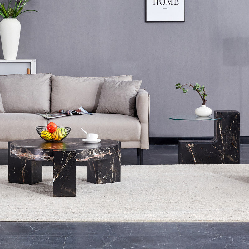 Sudica Detachable Double-decker Coffee Table,30 inch Round Tea Table with Black Faux Marble Base,Center Table for Living Room