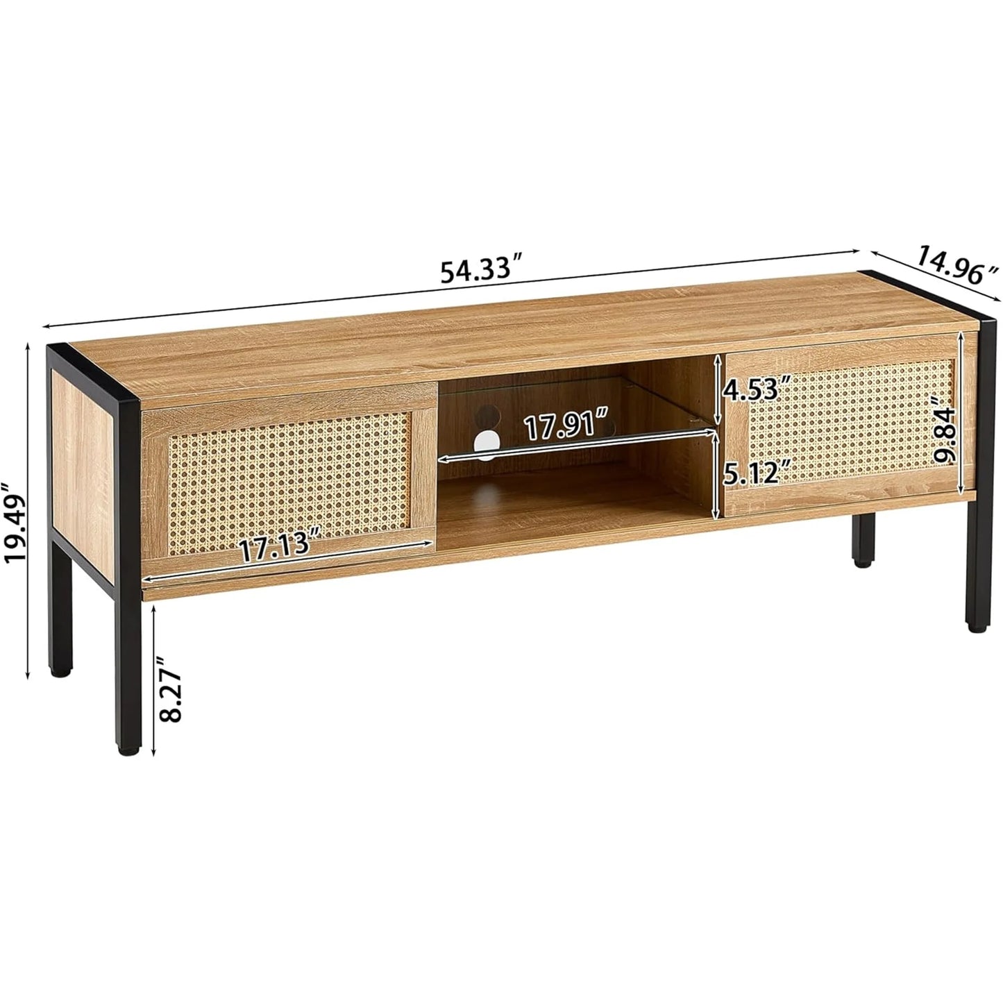 Rattan TV Stand for 65 Inch TV, Boho Entertainment Center with Adjustable Shelves & Metal Frame, Wood TV Media Console with Variable Light Strip for Living Room, White,Natural