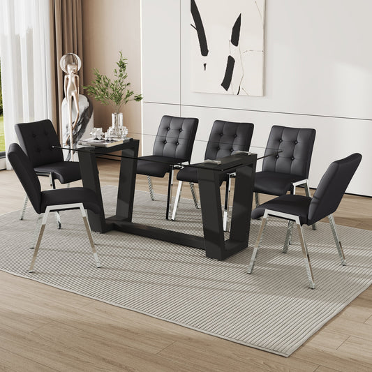 63" Glass Dining Table Set for 6, Sudica Black Legs Kitchen Table Set with Upholstered Faux Leather Dining Room Chairs, Black