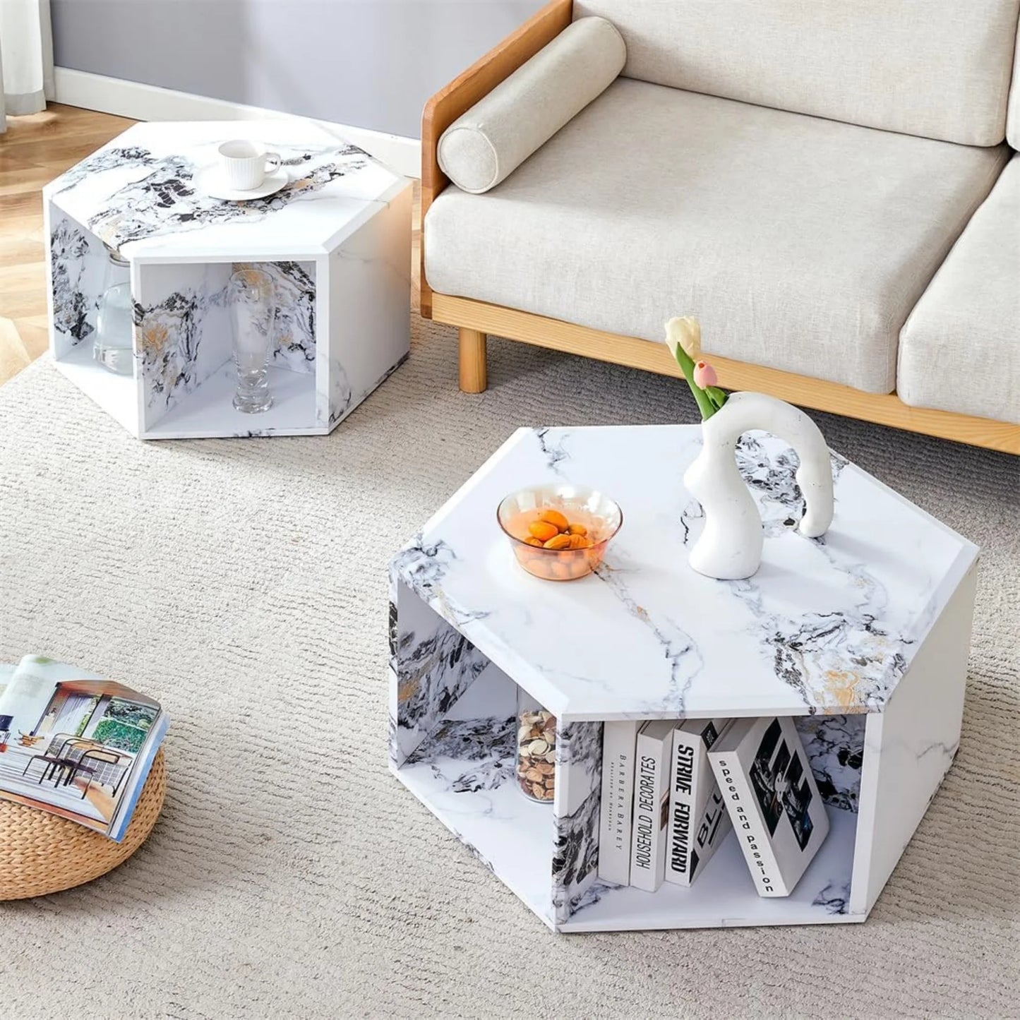 Faux Marble Coffee Table with Storage, Geometric Living Room Table