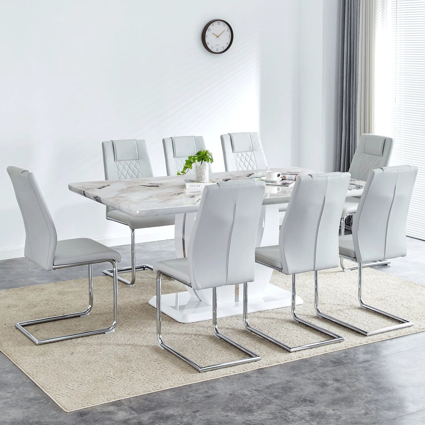 Sudica Upholstered Dining Chairs Set of 8 PU Leather Dining Room Chair with Silver Metal Legs,Light Gray