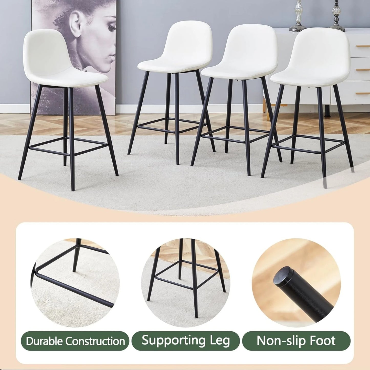 Bar stools Set of 2, Faux PU Leather Counter Height Bar Stools, Dining Room Chairs with Metal Legs & Soft Backrest, Easy to Assemble(White)