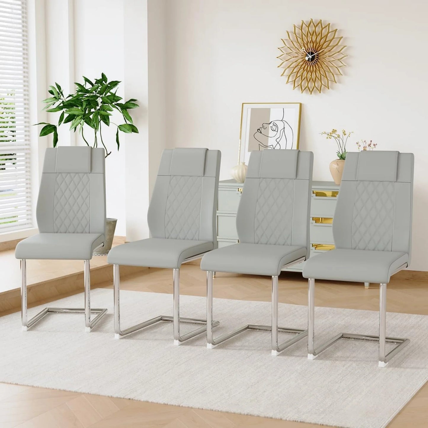 Sudica Upholstered Dining Chairs Set of 6 PU Leather Dining Room Chair with Silver Metal Legs,Light Gray