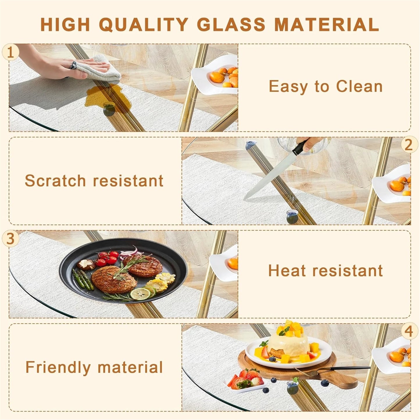 36" Glass Dining Table Set for 4, 5-Piece Round Kitchen Table with Ring-Shaped Metal Legs and 4 Upholstered Chairs, Glass Kitchen Table and Chairs Set (Black-Gold)