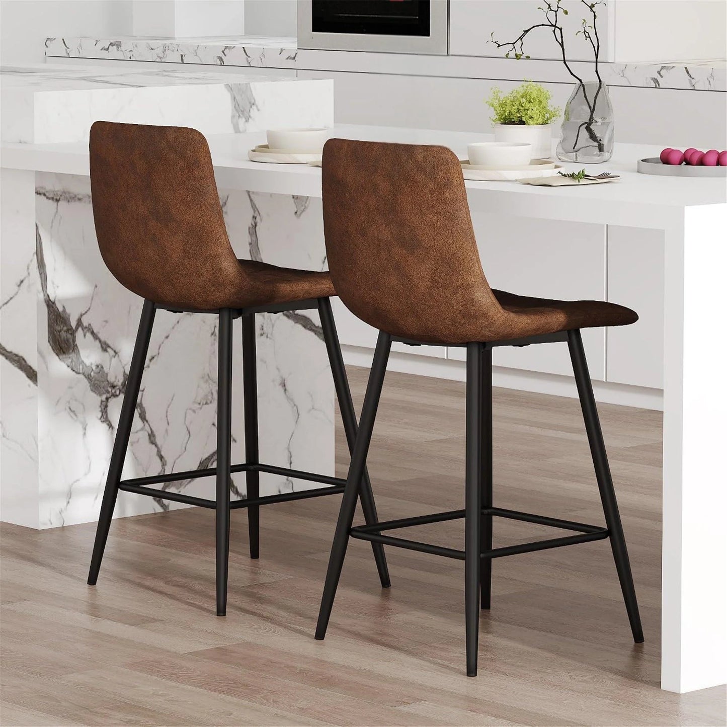 SUDICA 24.4" Counter Height Bar Stools, Brown PU Leather, Metal Legs, Set of 2