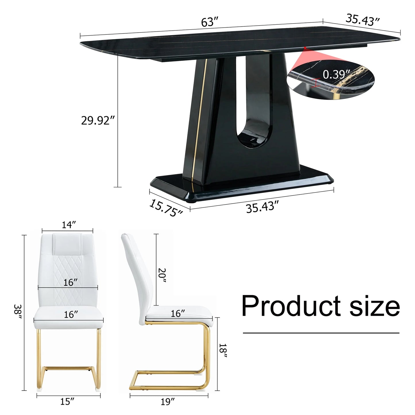 63" Dining Table Set for 6, Marble Rectangle Kitchen Table with PU Leather Upholstered Dining Chairs Set of 6, Dinner Table Set for Dining Room