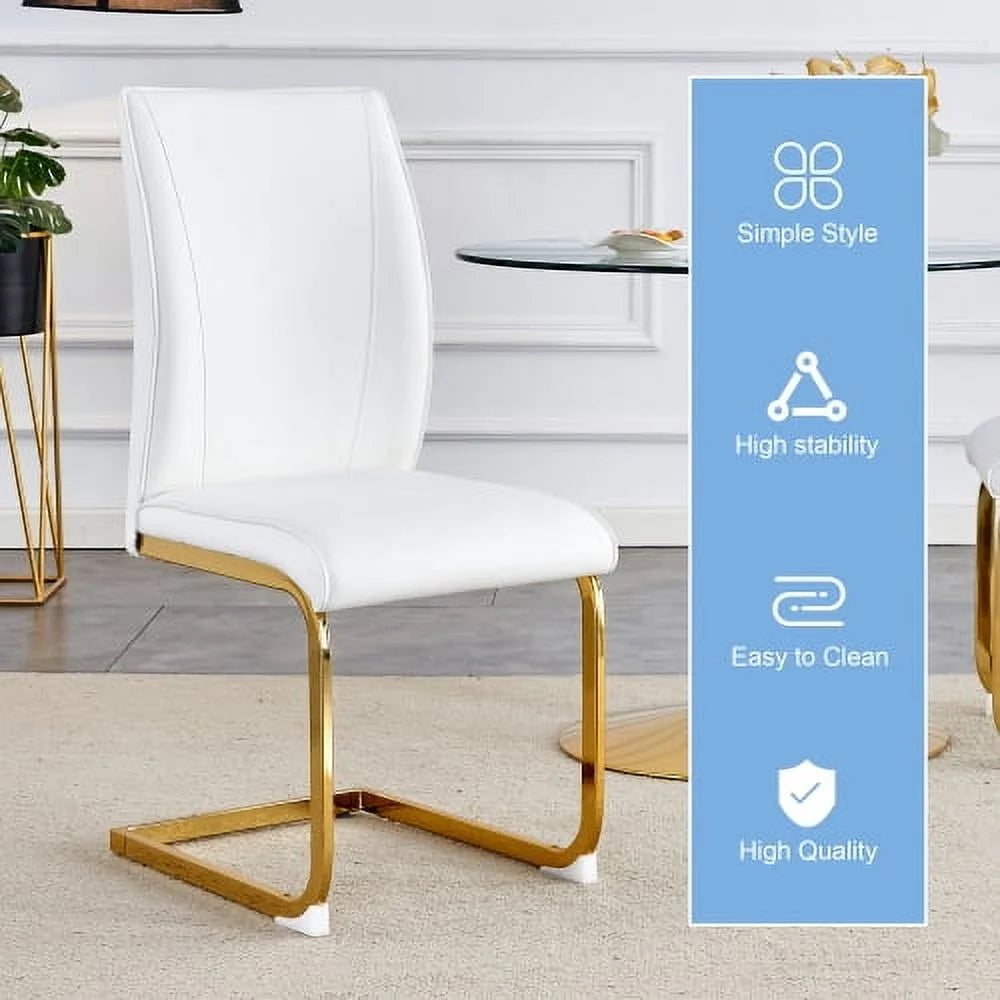 SUDICA Dining Room Chairs, White Faux Leather High Back, Gold Metal Legs, Set of 2