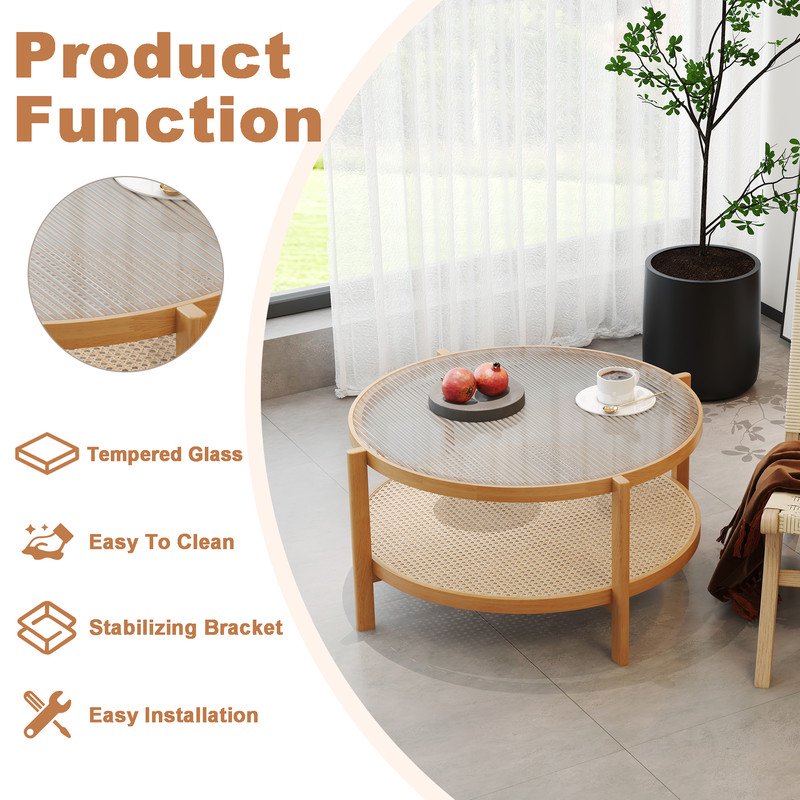 Sudica Modern Minimalist Circular Double-Layer Solid Wood Coffee Table, Craft Glass Tabletop,Pe Rattan with Solid Wood Frame,for Living Room, Dining Room and Bedroom YM