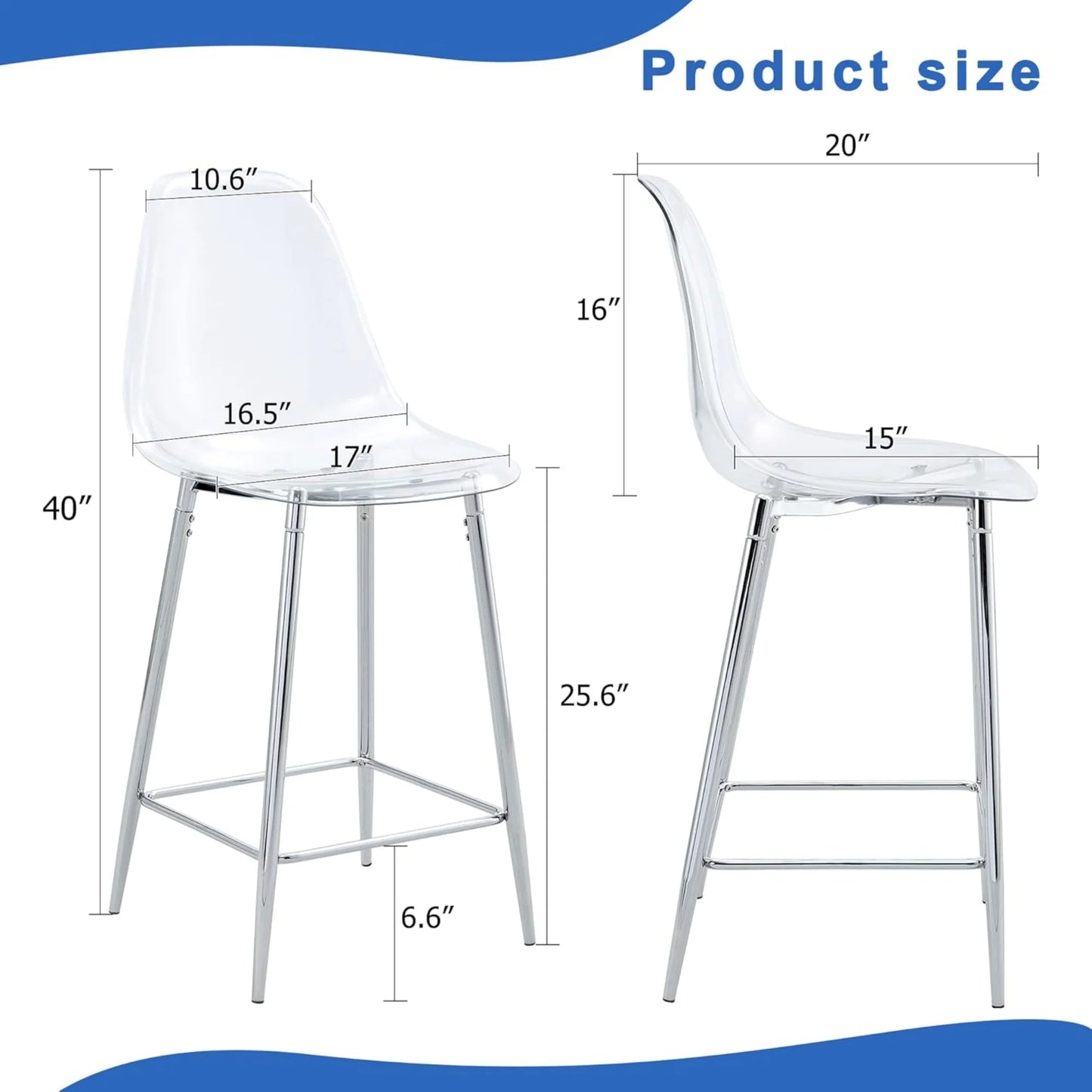 SUDICA Counter Height Bar Stools Set of 4, Clear PET Seats, Silver Metal Legs
