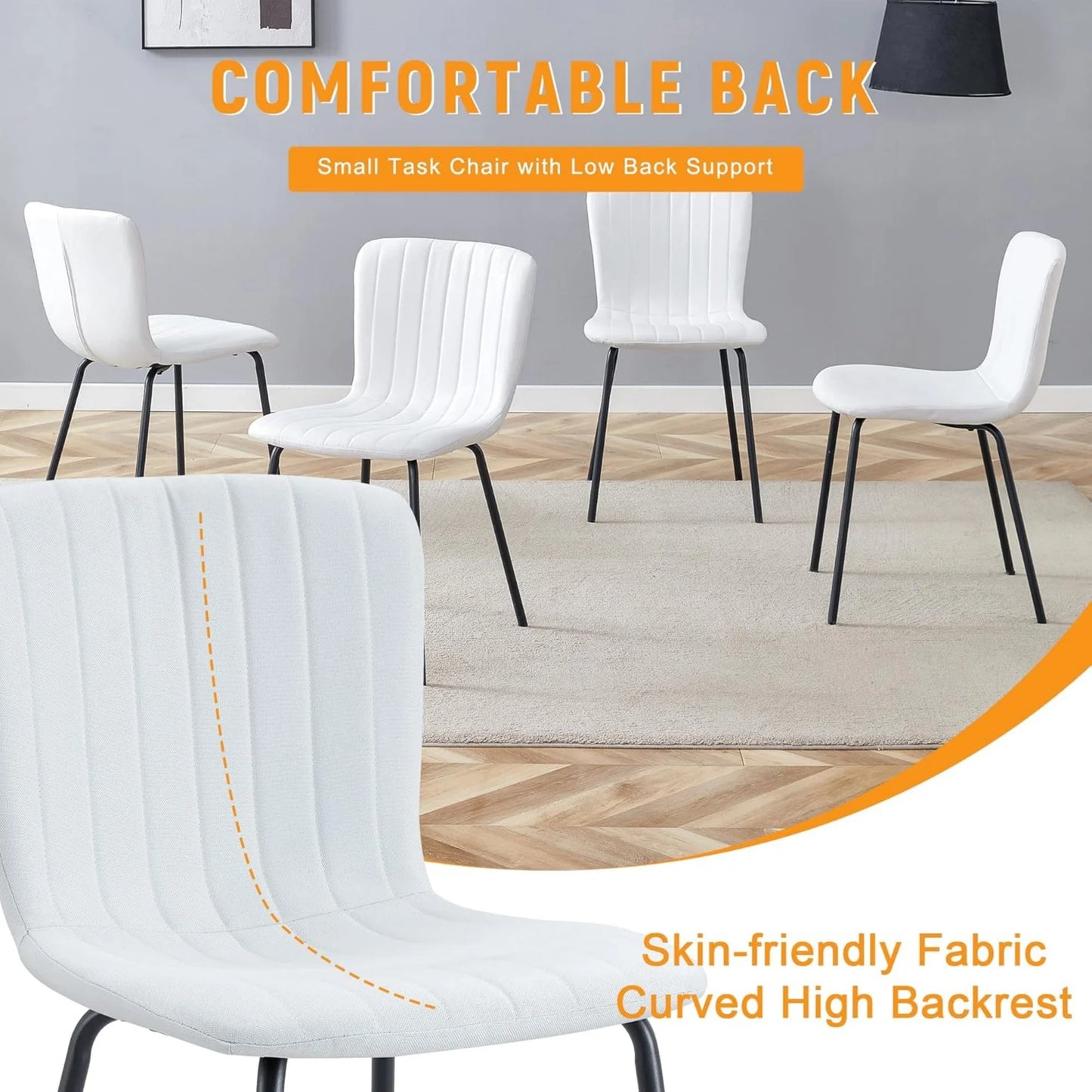 Sudica Dining Chairs Set of 4, Mid-Century Modern Upholstered Retro Linen Chairs with Walnut Bentwood Back and Metal Legs Adjustable Feet for Kitchen Dining Room, White Vertical Stripes Linen