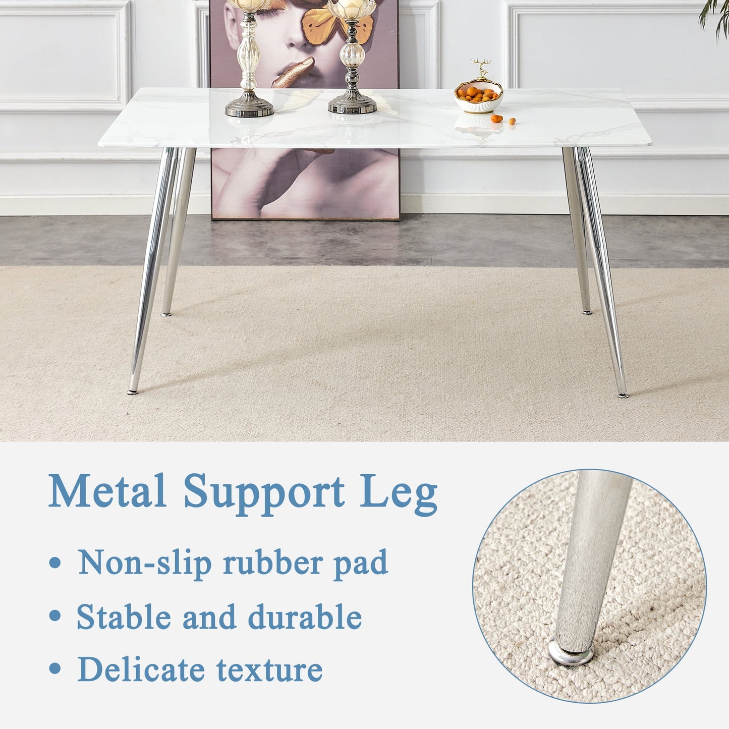 Dining Table with Marble Grain for 6, Sudica 63" Large Rectangular Kitchen Table with 4 Silver Plating Metal Legs