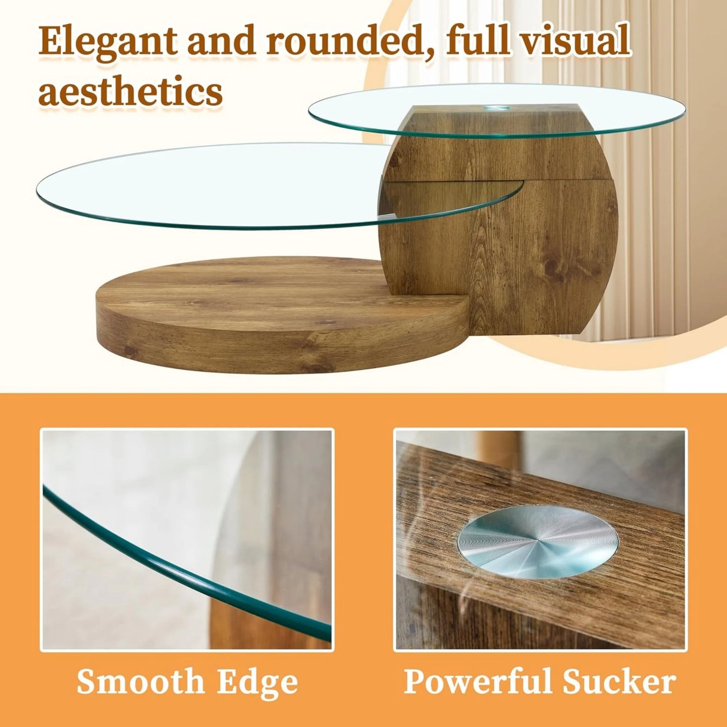 Sudica Modern Coffee Table with Double-layer Round Glass Tabletop,47" Tea Table with Natural Wood Faux Marble Patterned Base,Center Table for Living Room