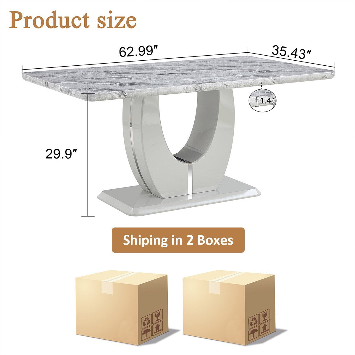 63 inch Faux Marble Dining Table for 6 ,Sudica Faux Marble Dining Room MDF Table with U-Shaped Bracket Support, Gray