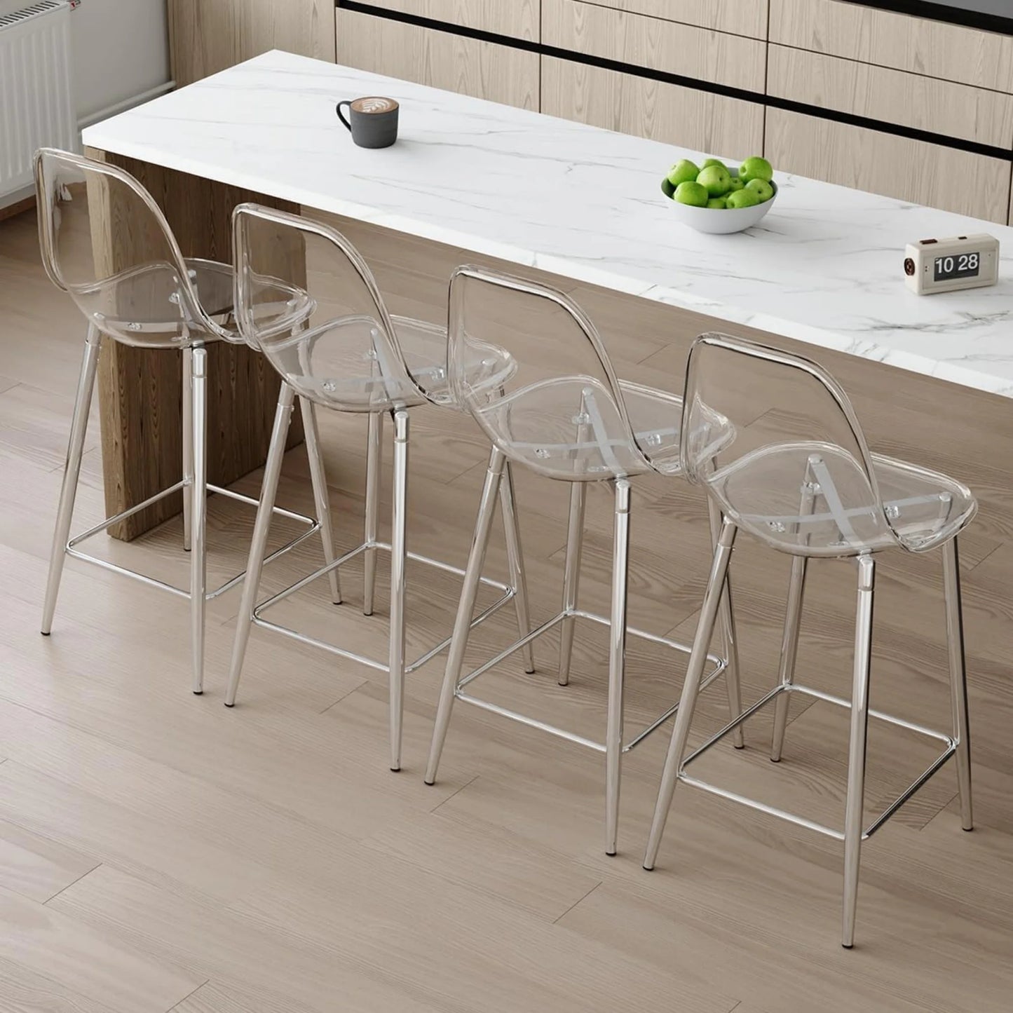 SUDICA Counter Height Bar Stools Set of 4, Clear PET Seats, Silver Metal Legs