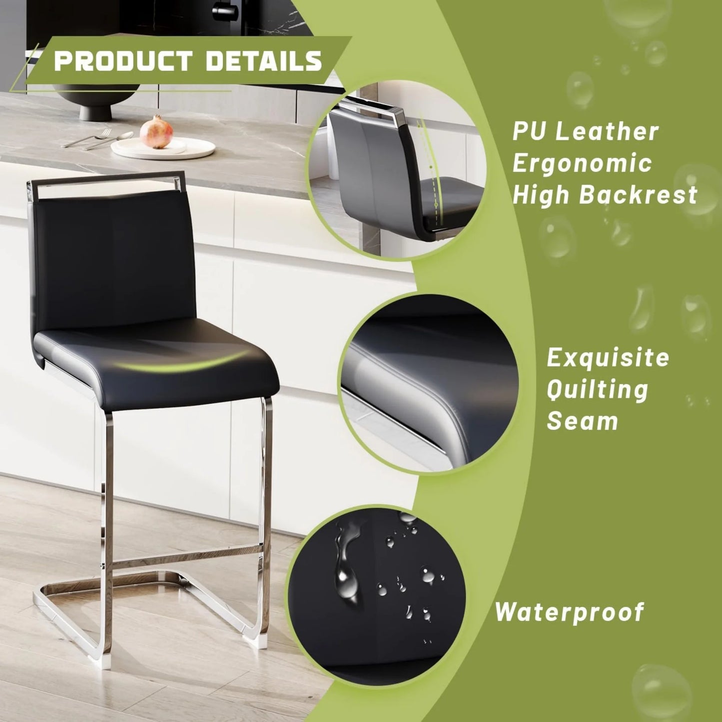 Sudica Counter Height Bar Stools Set of 4,Modern PU Leather Barstools,25 inch Seat Height,Upholstered with Metal Legs,Black