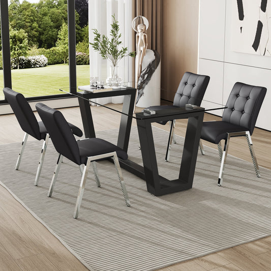 63" Glass Dining Table Set for 4, Sudica Black Legs Kitchen Table Set with Upholstered Faux Leather Dining Room Chairs, Black