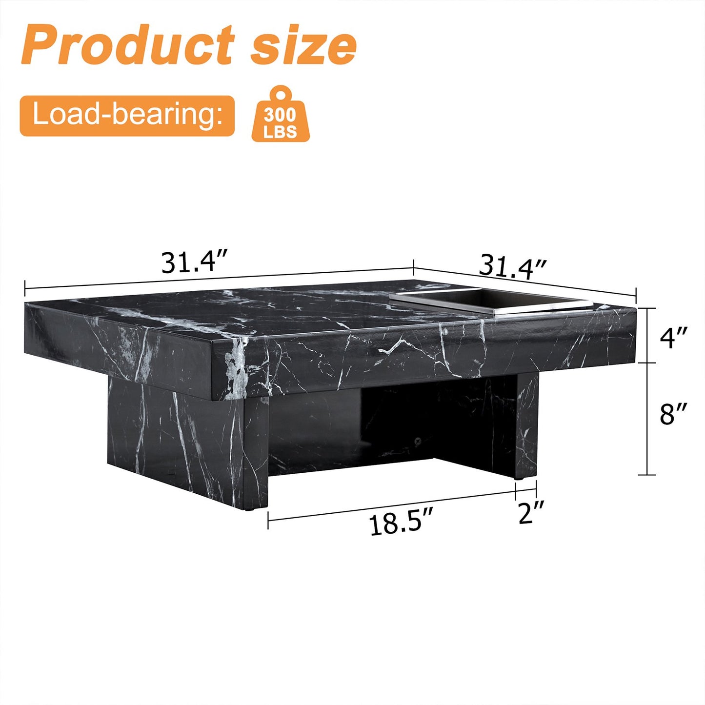 Compact Marble Coffee Table, Sudica 31 inch Square Center Table with Stainless Steel Storage for Living Room,Black