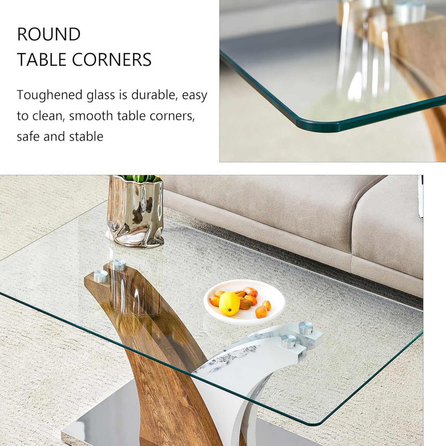 SUDICA Glass Coffee Table, 39.4" Tempered Top, Marble & Wood Grain MDF Base, for Living Room