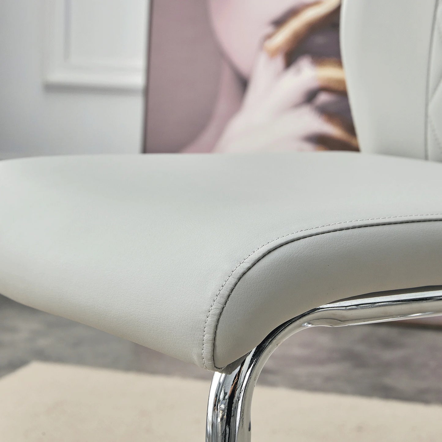 Sudica Upholstered Dining Chairs Set of 8 PU Leather Dining Room Chair with Silver Metal Legs,Light Gray