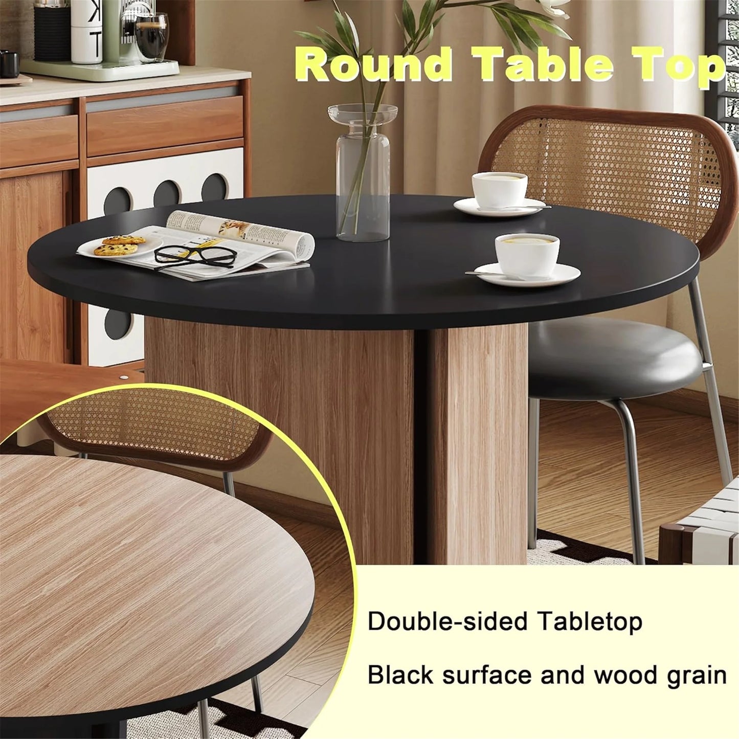 42.13" Round Table Top Wood - Walnut & Black Double Sided, Outdoor Dining Replacement for Restaurants, Cafes, Bars