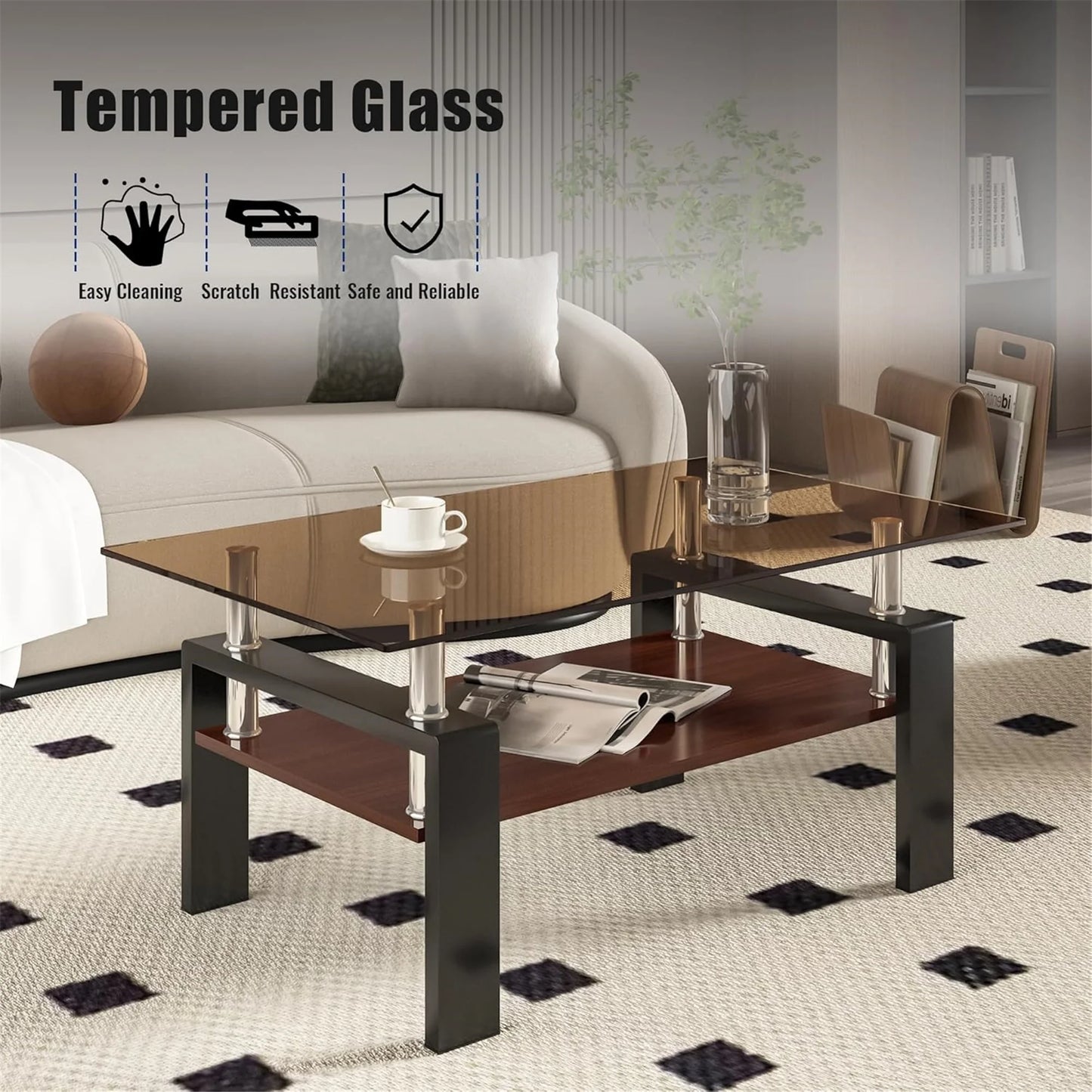Glass Coffee Table Rectangle Living Room Center Table with Storage, Clear Tempered Glass Tabletop and Smoke Grey Leg,for Living Room and Office (Clear Smoke),Brown