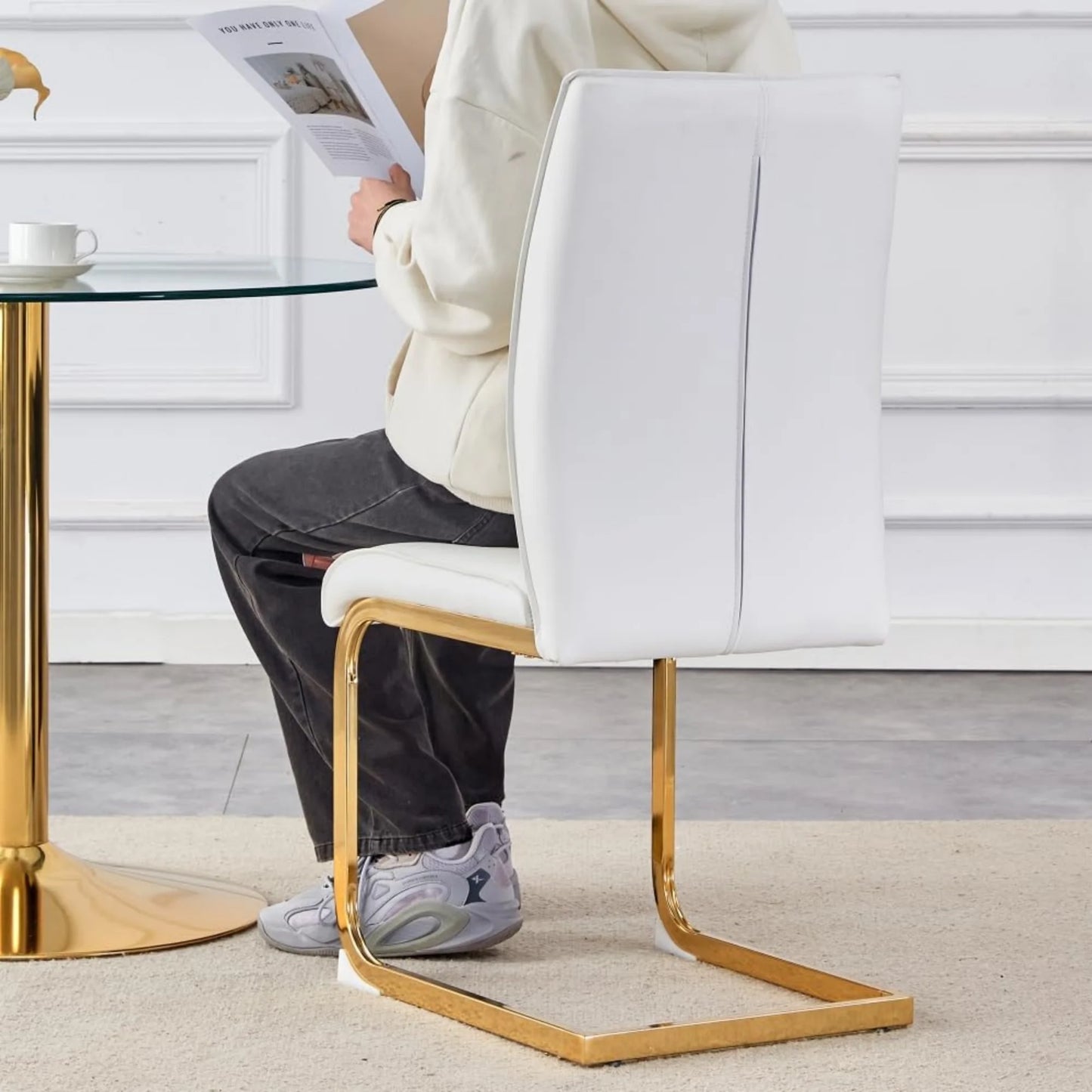 SUDICA Dining Chairs Set of 4, White PU Leather High Back Armless with Gold Legs