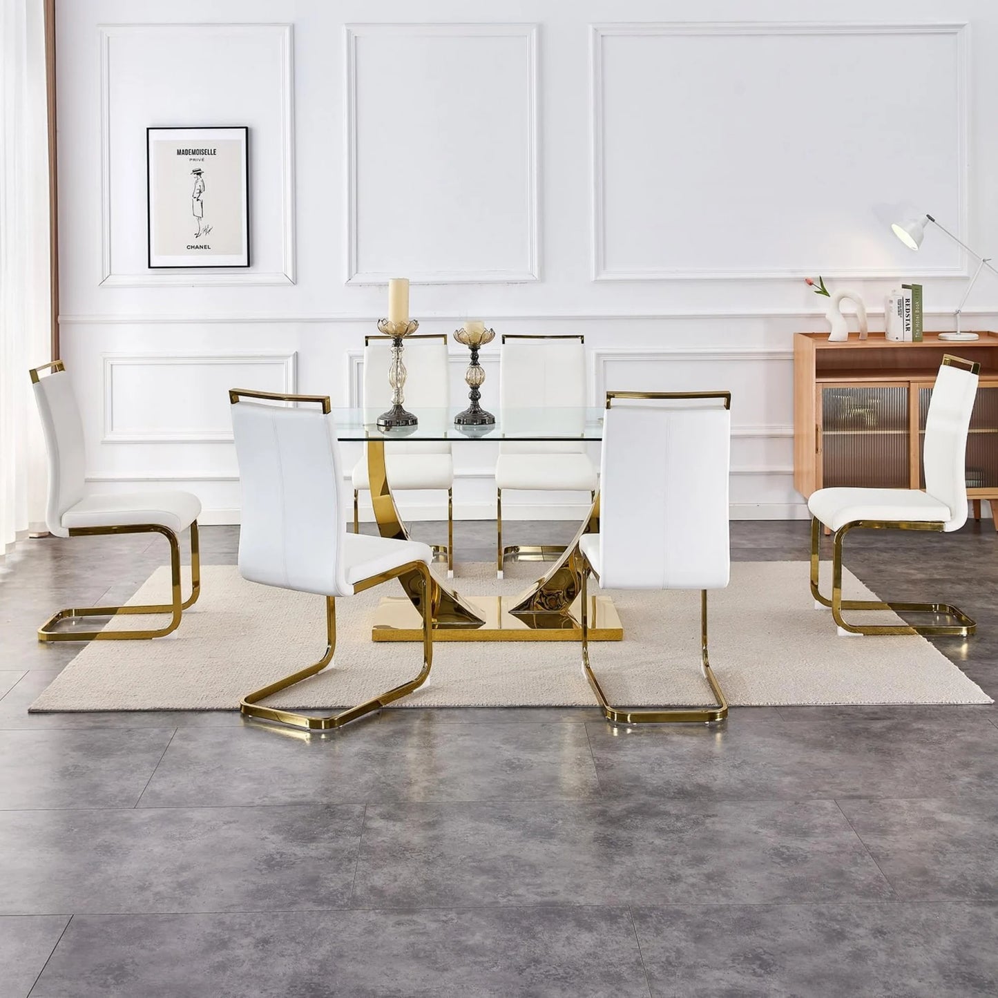 SUDICA 7-Piece Dining Set with 63" Glass Table and 6 PU Leather Chairs, Gold Base