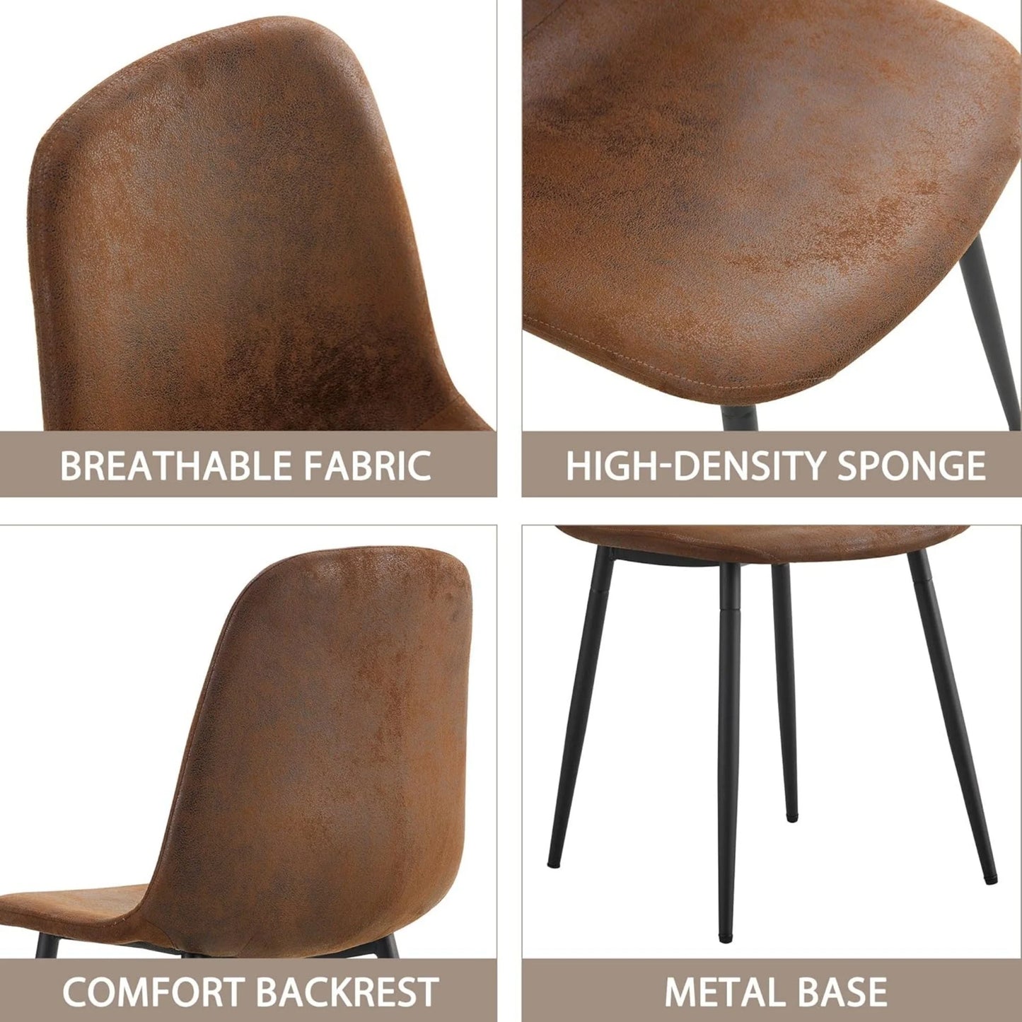SUDICA Dining Chairs Set of 6, Brown Faux Suede Seat, Metal Legs, for Kitchen or Dining Room