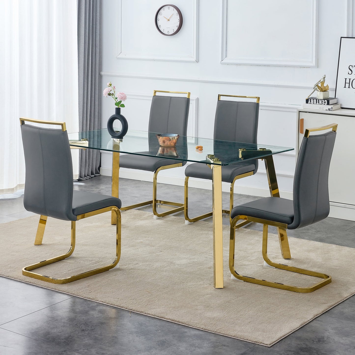 63" Large Glass Dining Table Set for 4, Sudica Gold Legs Kitchen Table with Faux Leather Dining Chairs,Gray