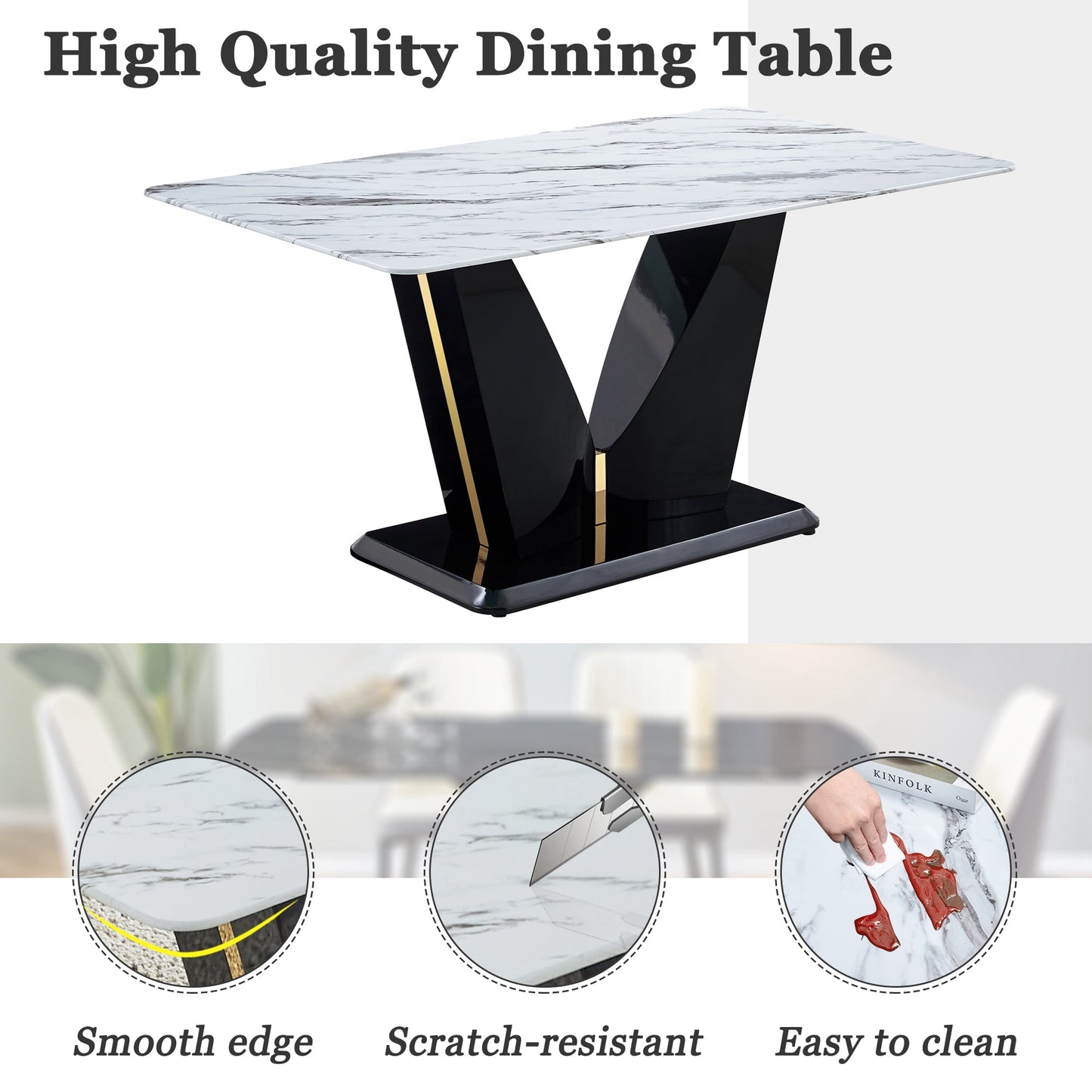 Sudica 63" Dining Table Set 7-Piece Marble Rectangular Kitchen Table & 6 Faux Leather Padded Dining Chair Set, Yellow