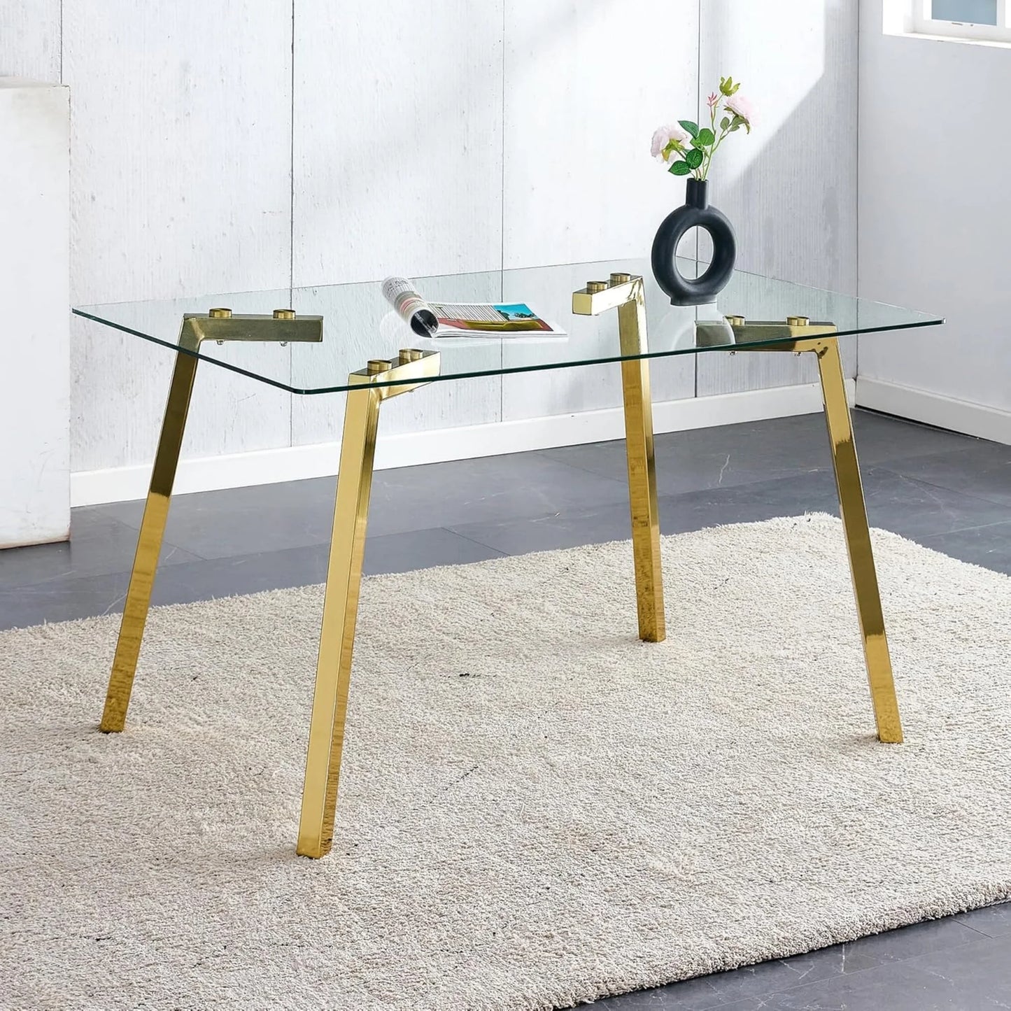 51" Glass Dining Table for 4, Sudica Clear Tempered Glass Modern Rectangular Kitchen Table with Metal Legs