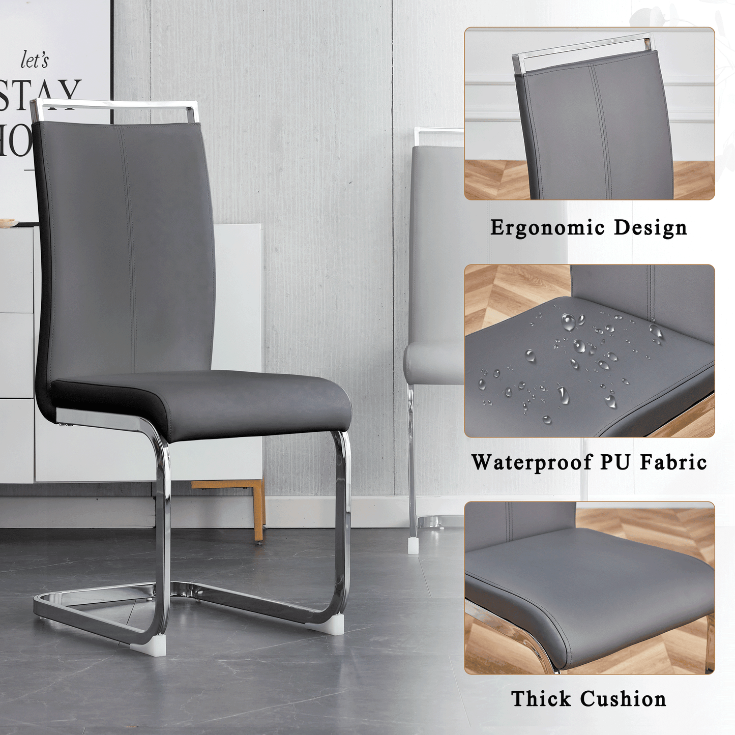 Sudica White Dining Table Set for 6, 71" Marble Kitchen Table with PU Leather Dining Room Chairs, Gray