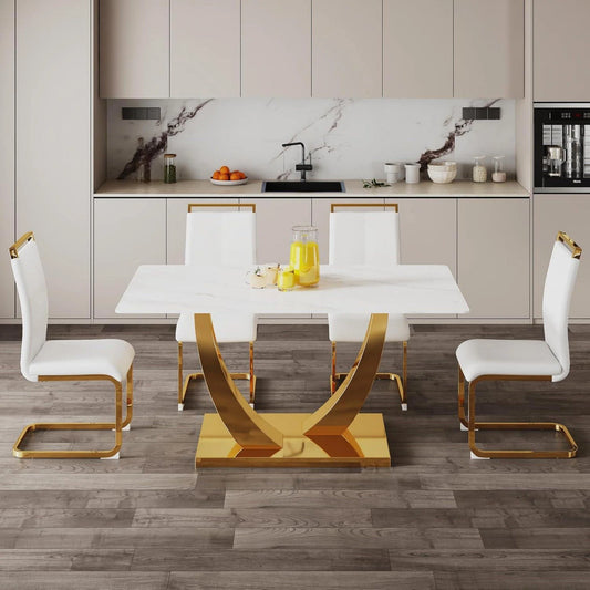White and Gold Dining Table Set for 4, Faux Marble Dining Room Table Set for 4,63'' Rectangular Tempered Glass Top Kitchen Table Set and 4 Chairs for Dining Room Kitchen