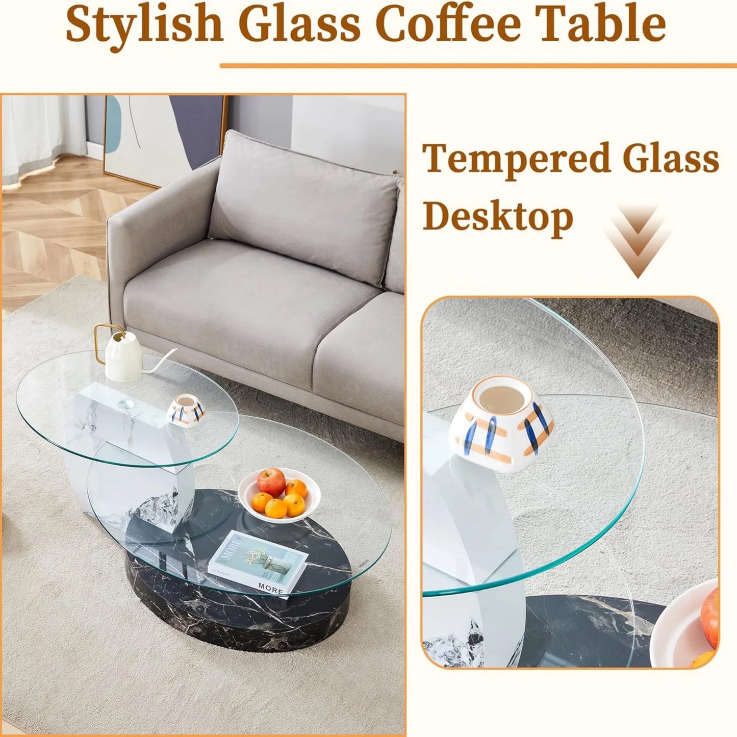 Sudica Modern Coffee Table with Double-layer Round Glass Tabletop47" Tea Table with White and Black Faux Marble Patterned Base,Center Table for Living Room