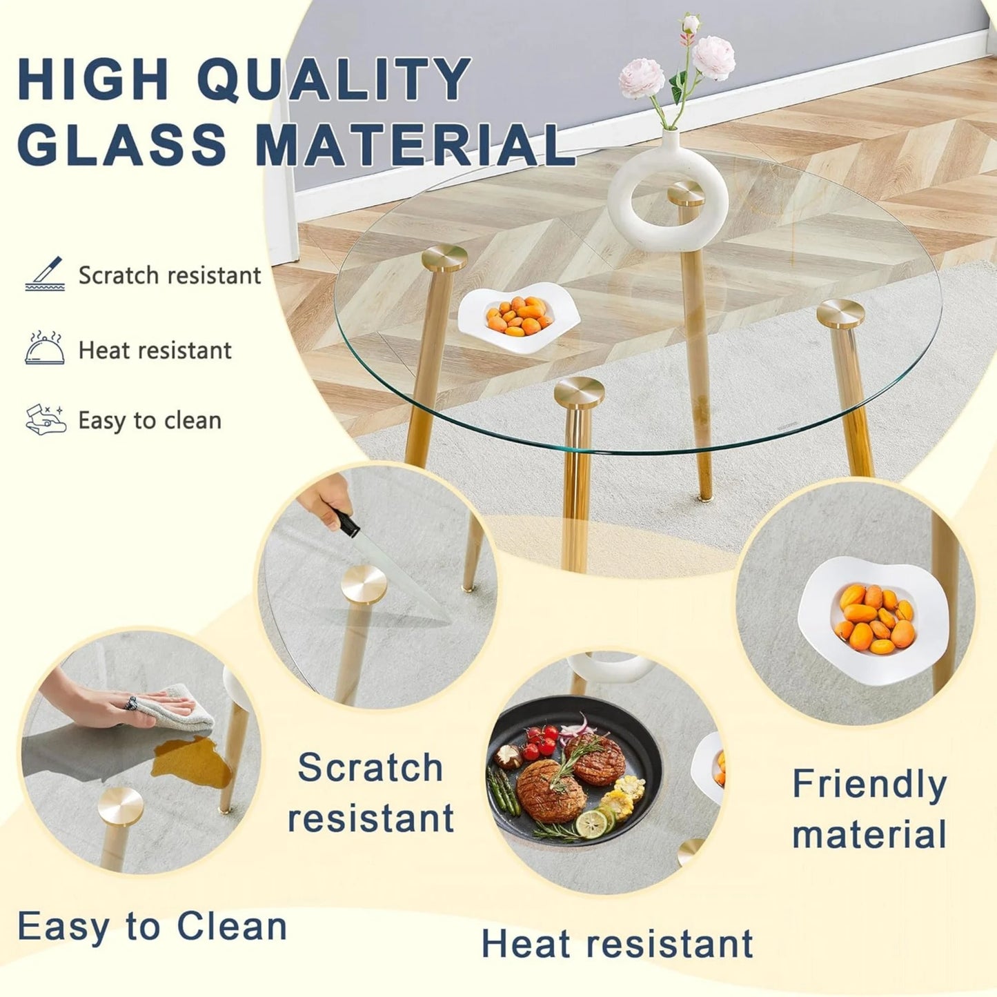 Sudica 40‑Inch Tempered Glass Round Dining Table, Gold Metal Legs, Modern Kitchen & Dining Room