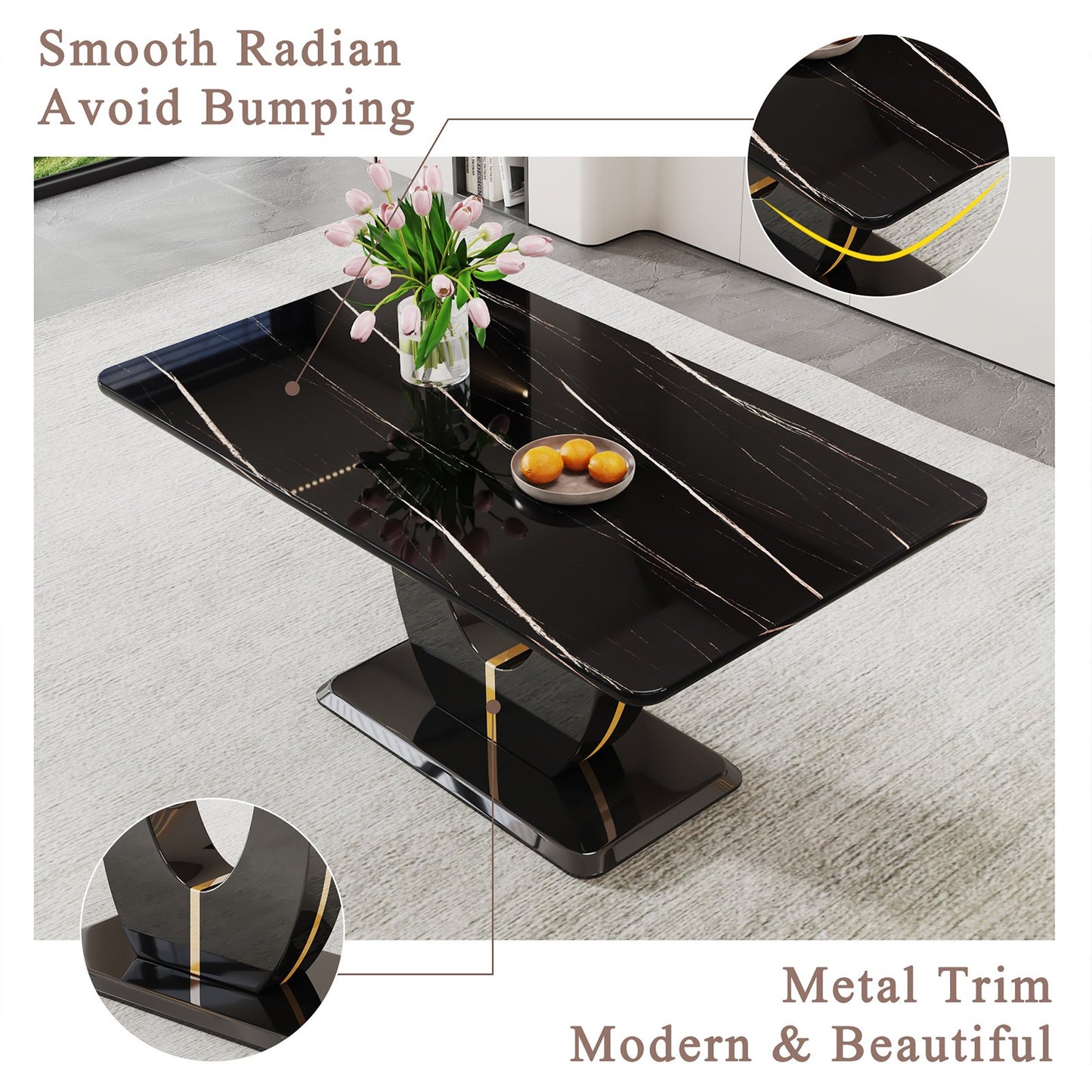 63 inch Faux Marble Dining Table for 6 ,Sudica Faux Marble Dining Room MDF Table with U-Shaped Bracket Support, Black