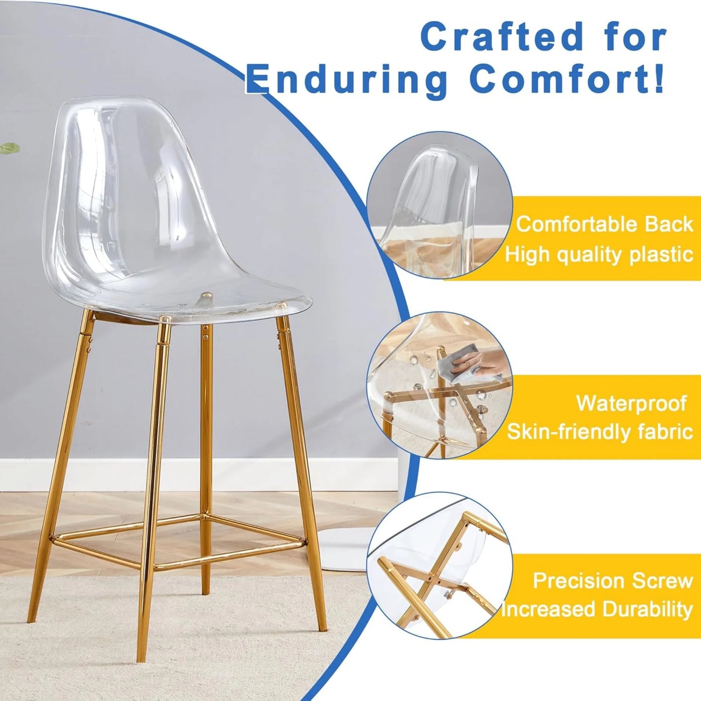 SUDICA Counter Height Bar Stools Set of 4, Clear Acrylic Seats, Gold Metal Legs, Indoor