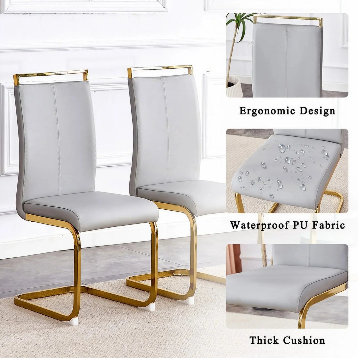 Sudica Round Dining Table Set for 2, 40in Tempered Glass & Grey PU Chairs, Gold Legs