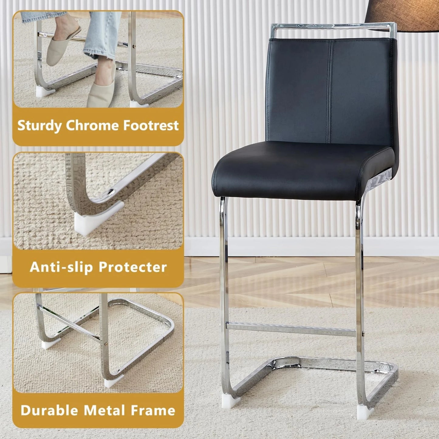 SUDICA Modern PU Leather Barstools and Upholstered with Metal Legs - Set of 2, Black
