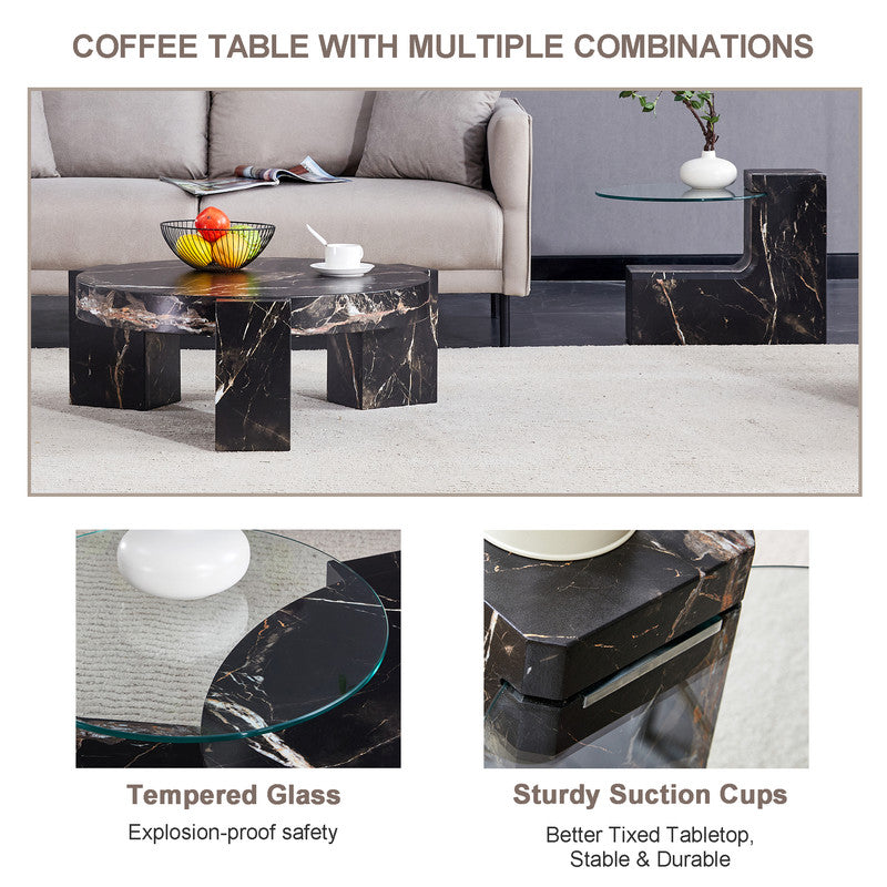 Sudica Detachable Double-decker Coffee Table,30 inch Round Tea Table with Black Faux Marble Base,Center Table for Living Room