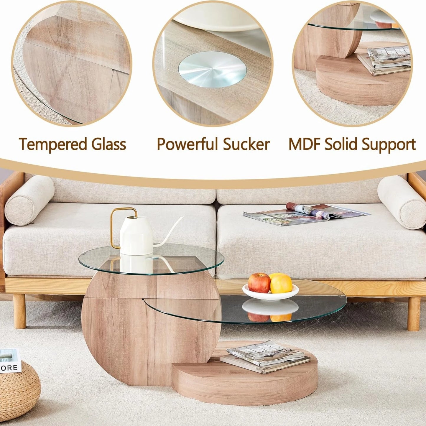 Sudica Modern Coffee Table with Double-layer Round Glass Tabletop 35.4" Tea Table with Wood Faux Marble Patterned Base,Center Table for Living Room