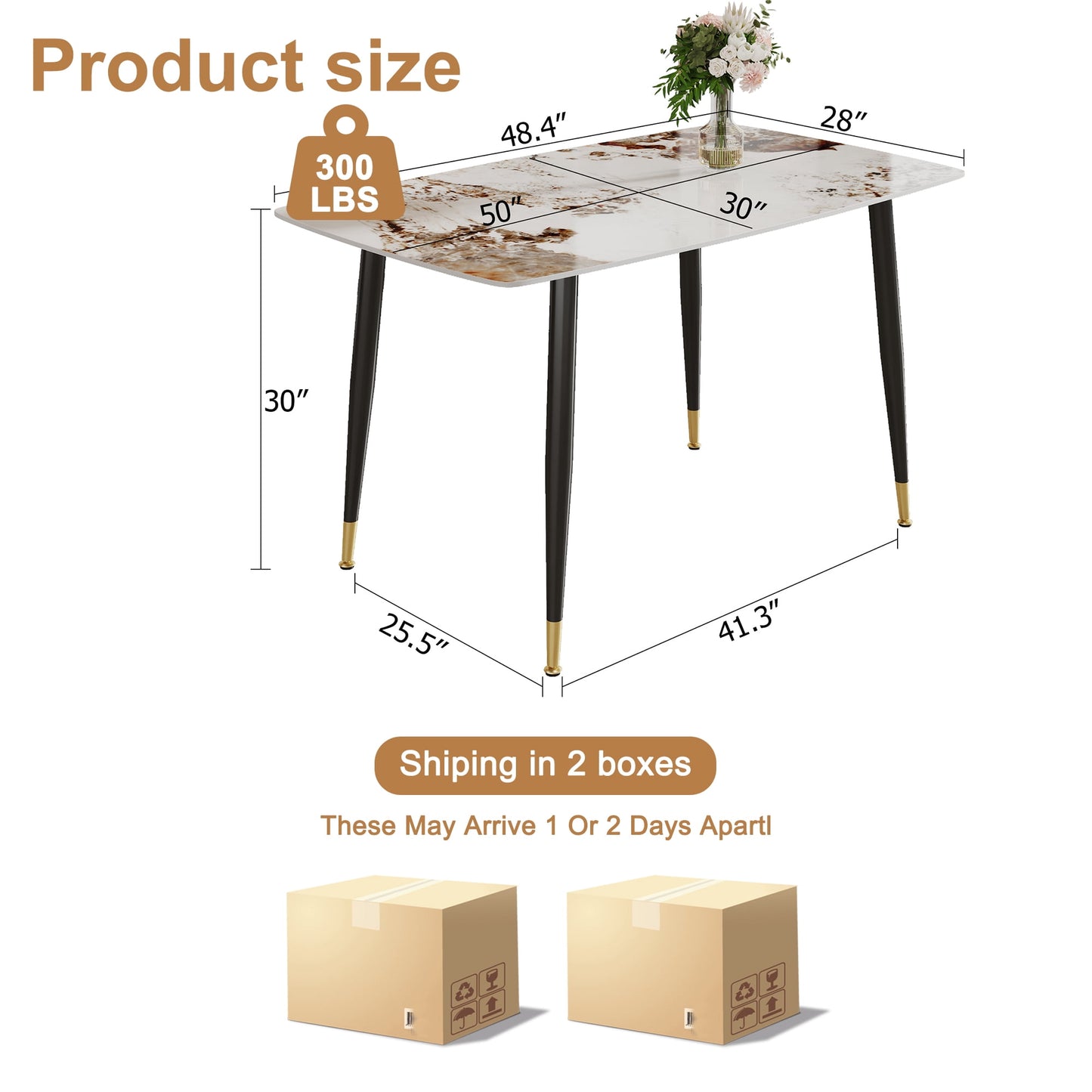 Sudica Dining Table 48" Rectangle Faux Marble Kitchen Dining Room Table with Metal Legs, Brown