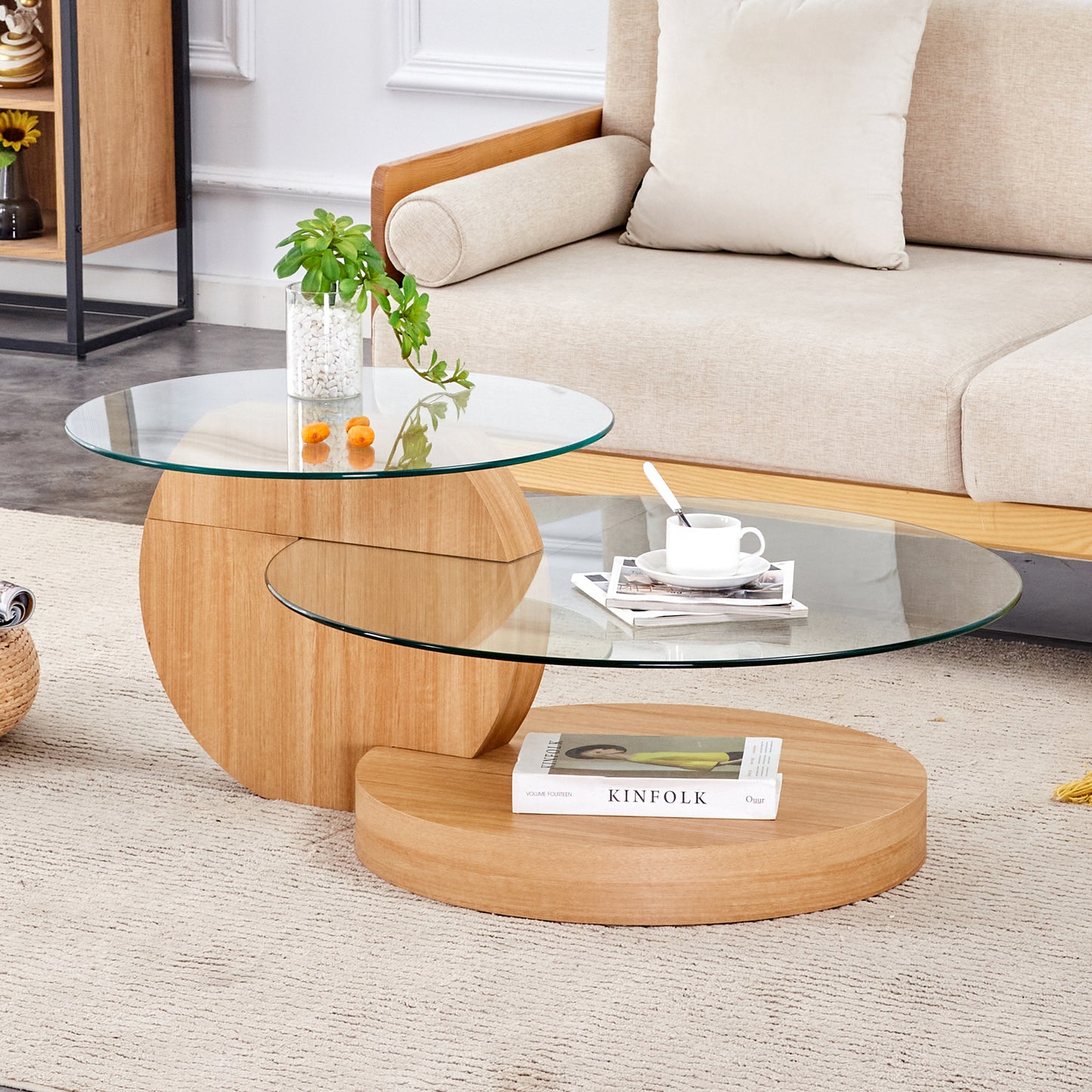 Sudica Modern Coffee Table with Double-layer Round Glass Tabletop,31 inch Tea Table with Light Wood Grain Base,Center Table for Living Room