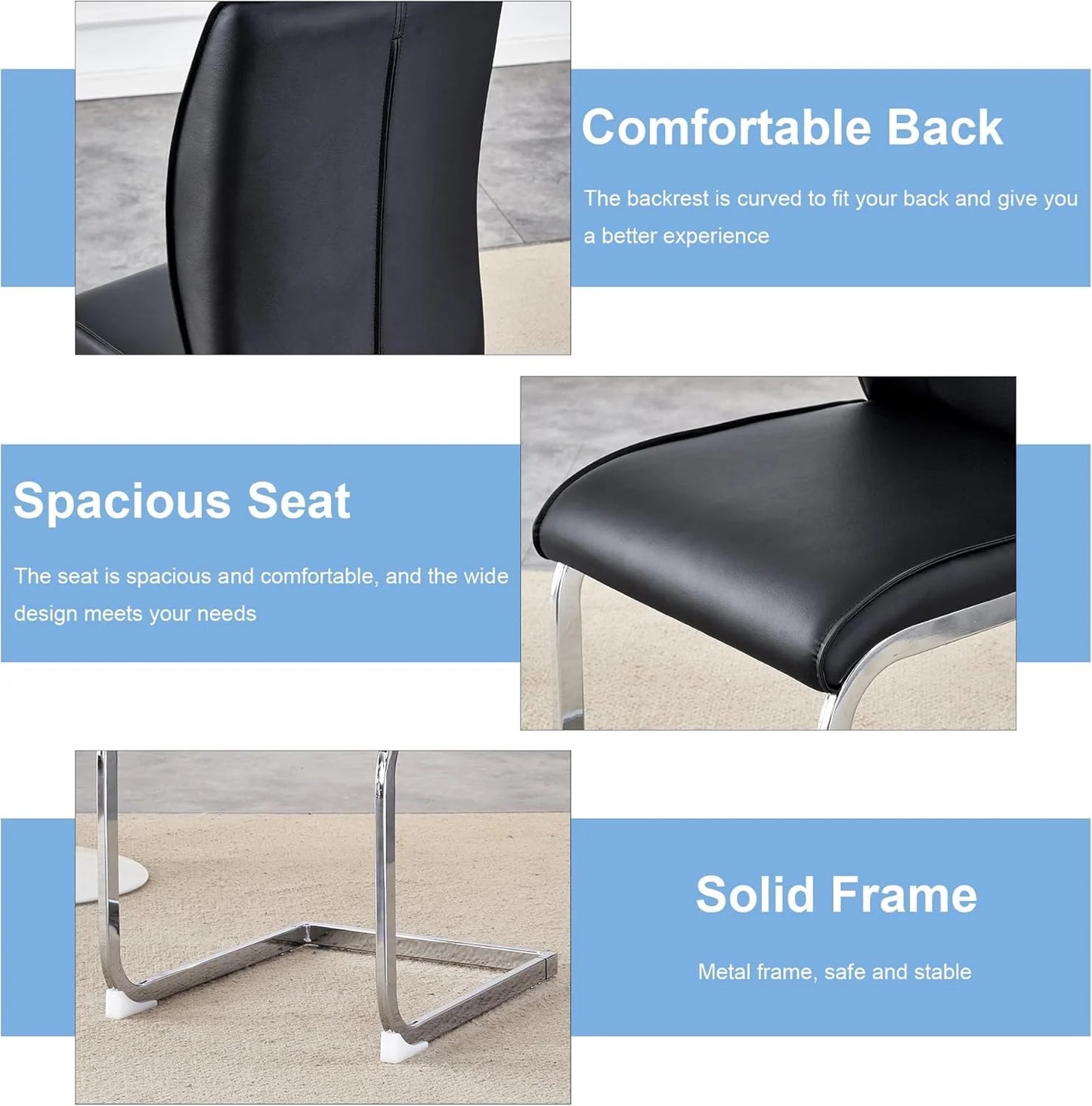 SUDICA Dining Room Chairs, Black Faux Leather High Back, Chrome Metal Legs, Set of 4